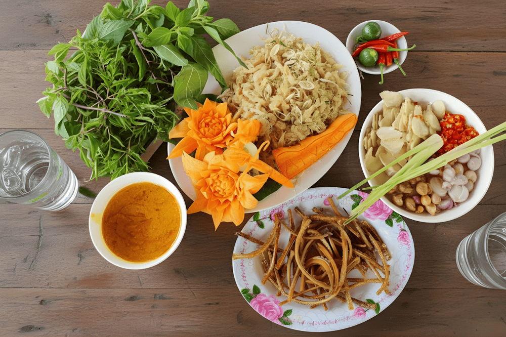 Gỏi c&aacute; nhệch ăn k&egrave;m với c&aacute;c loại l&aacute;, rau, gia vị v&agrave; chấm c&ugrave;ng nước chẻo, tạo n&ecirc;n hương vị tuyệt vời, kh&oacute; qu&ecirc;n